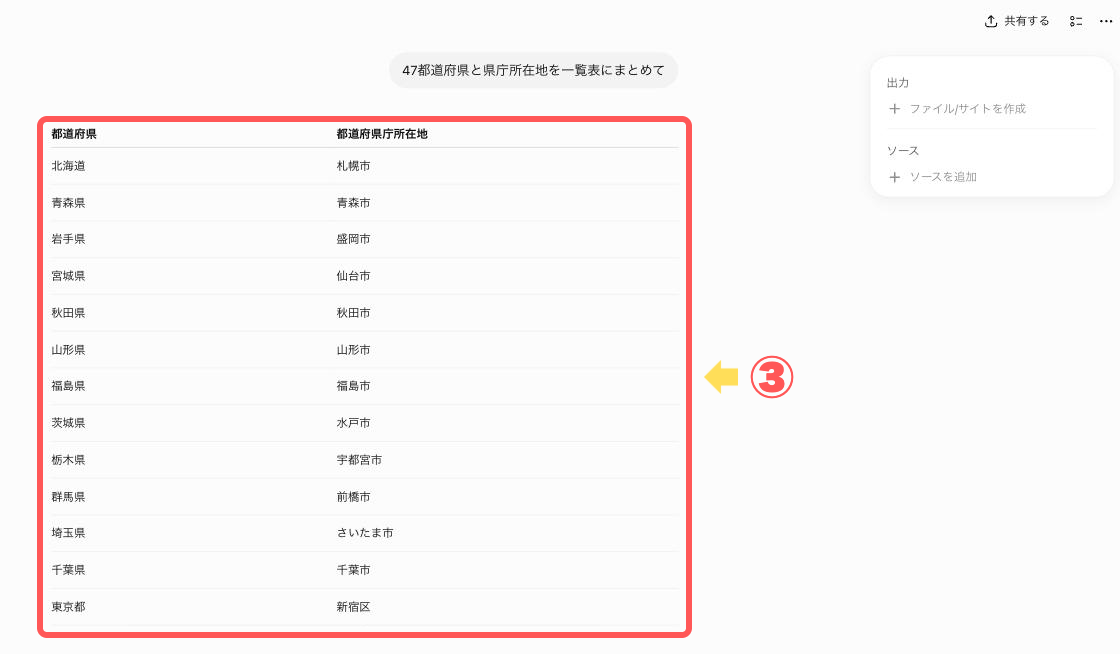 完成した47都道府県と県庁所在地の一覧表（チャット内に表示）