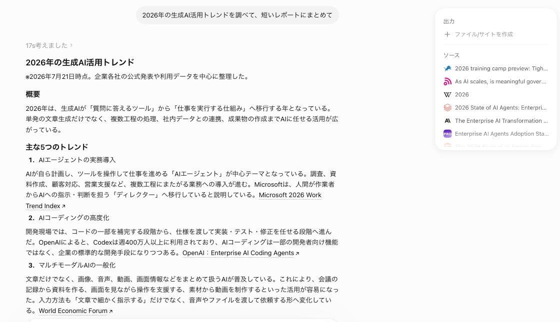 完成した調査レポート「2026年の生成AI活用トレンド」（本文中に引用リンク、右側にソース一覧のパネル）