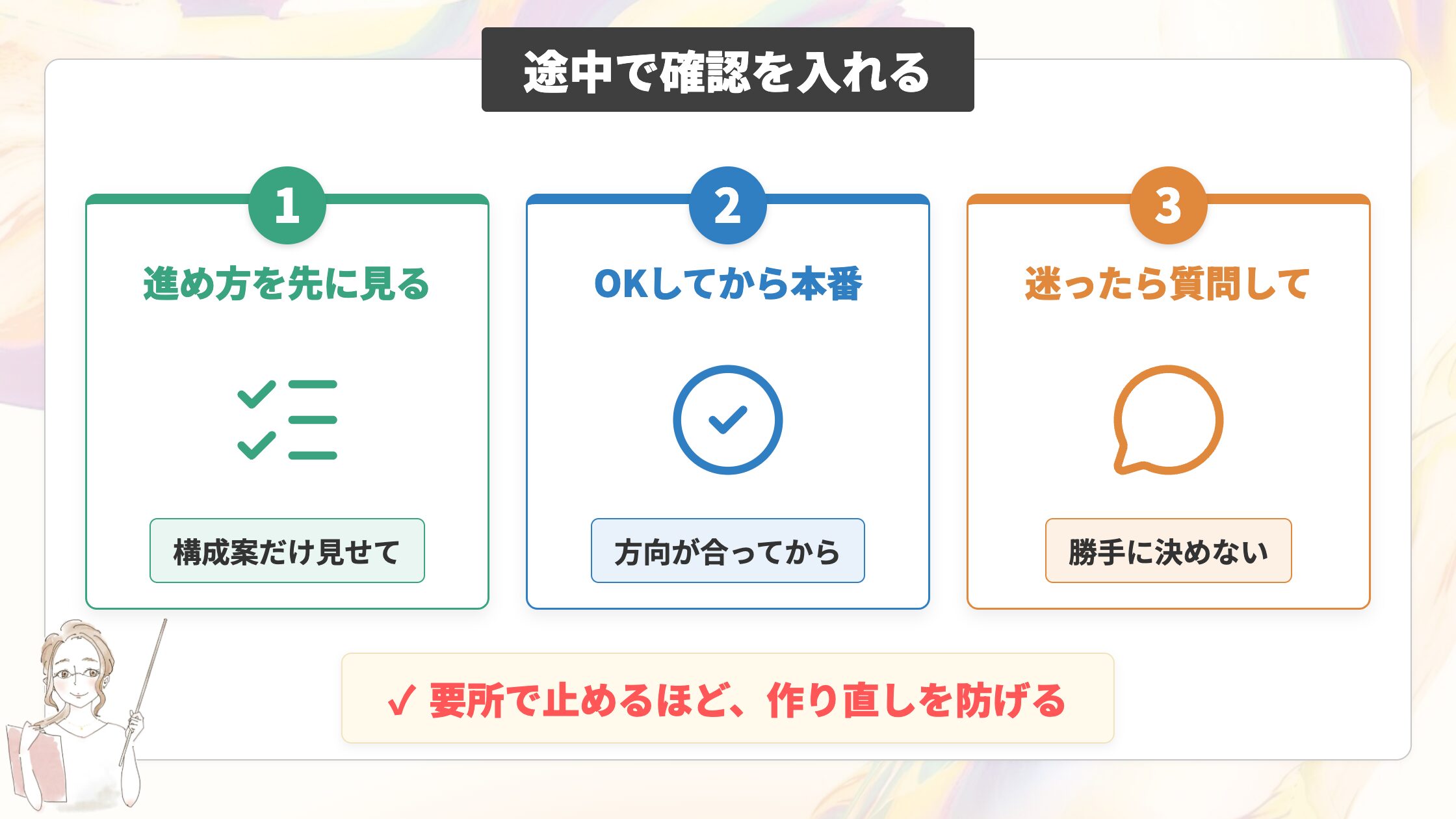 途中で確認を入れる