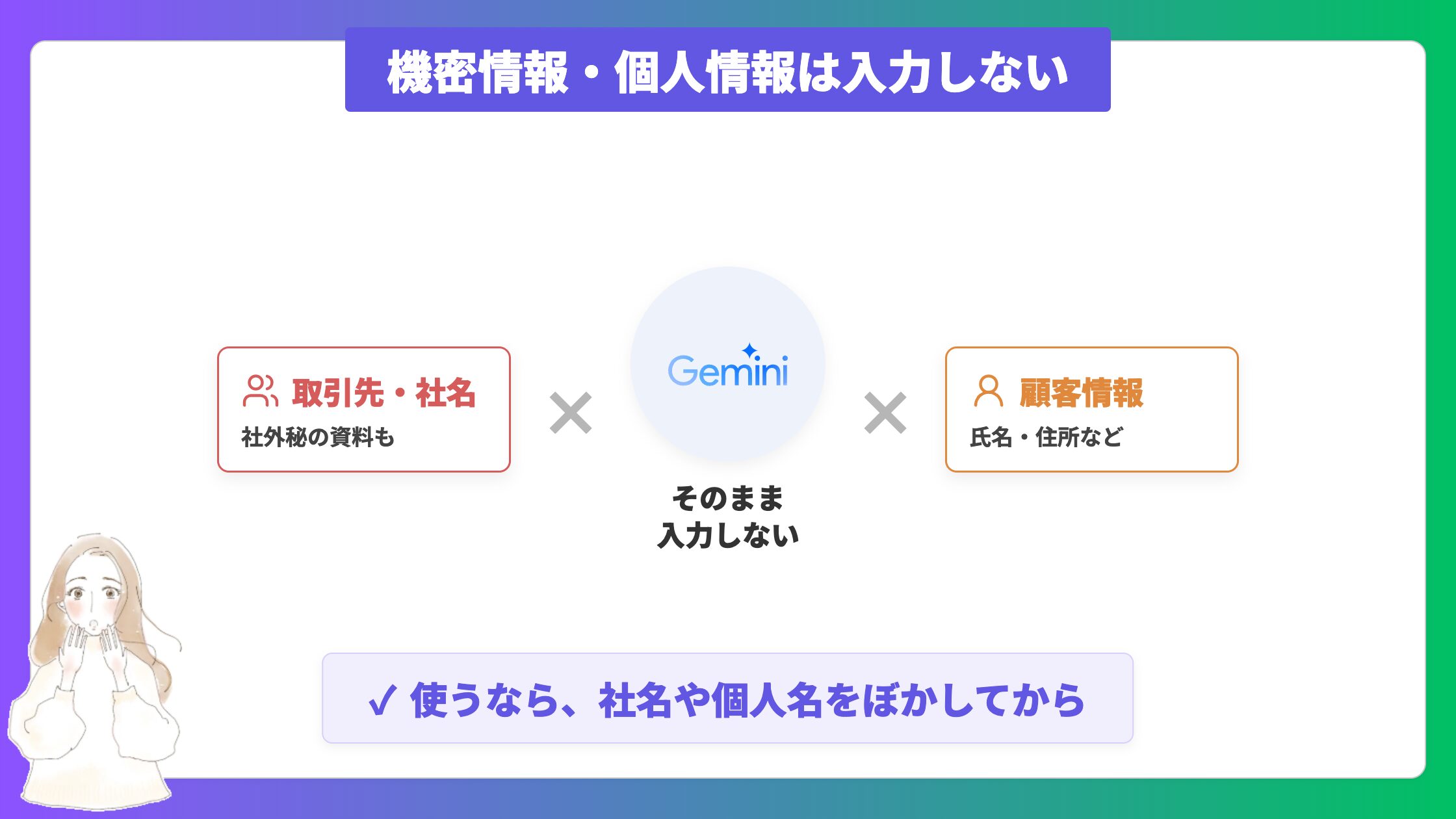 機密情報・個人情報そのものは入力しない