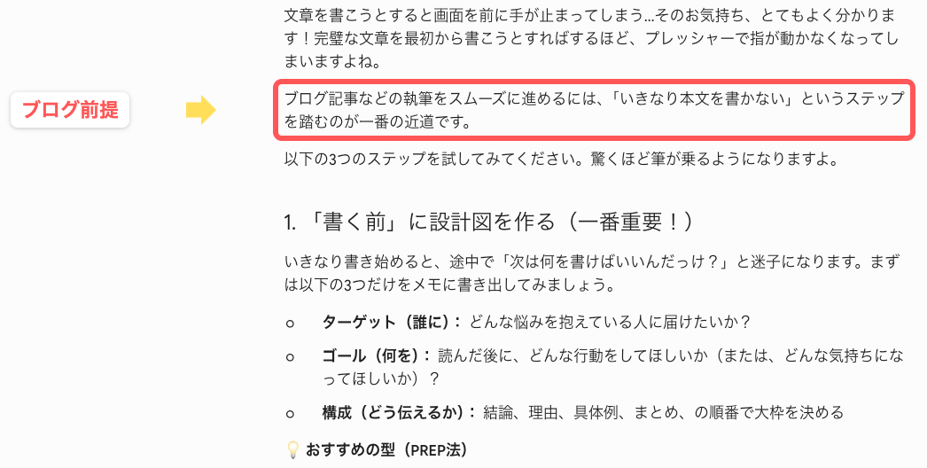 カスタム指示に「ブログ記事の執筆に使う」と入れた場合の出力