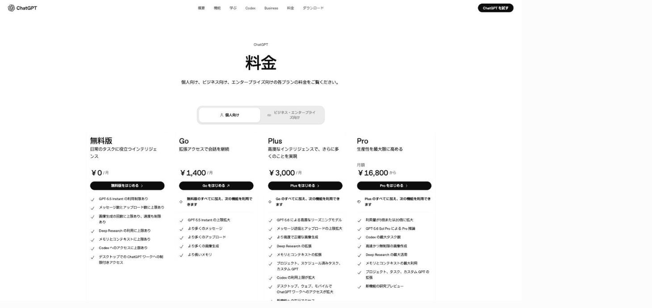 ChatGPT公式の料金ページ