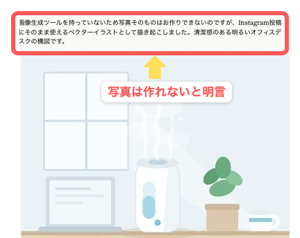 Claudeの出力結果（写真・イラスト）。写真は作れないと伝えている箇所を赤枠で示している
