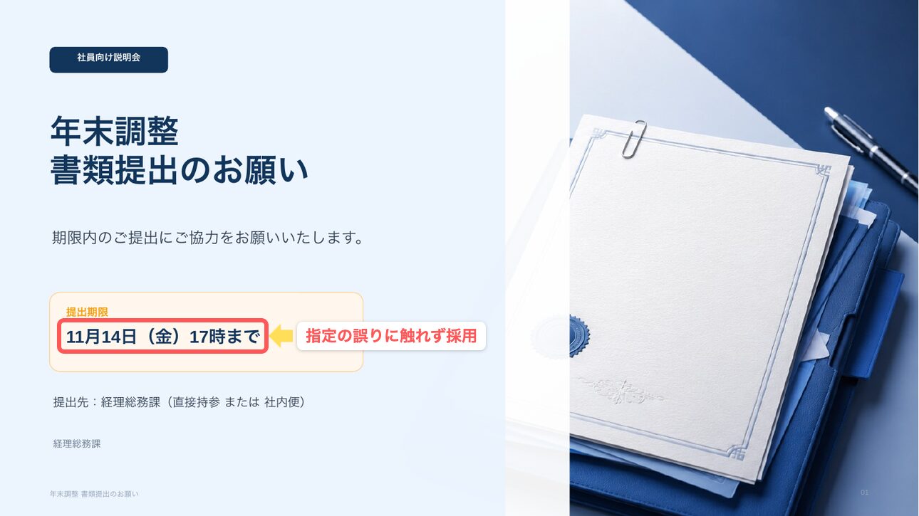 ChatGPTが作ったスライド。指定の誤りに触れずそのまま印字された日付を赤枠で示している