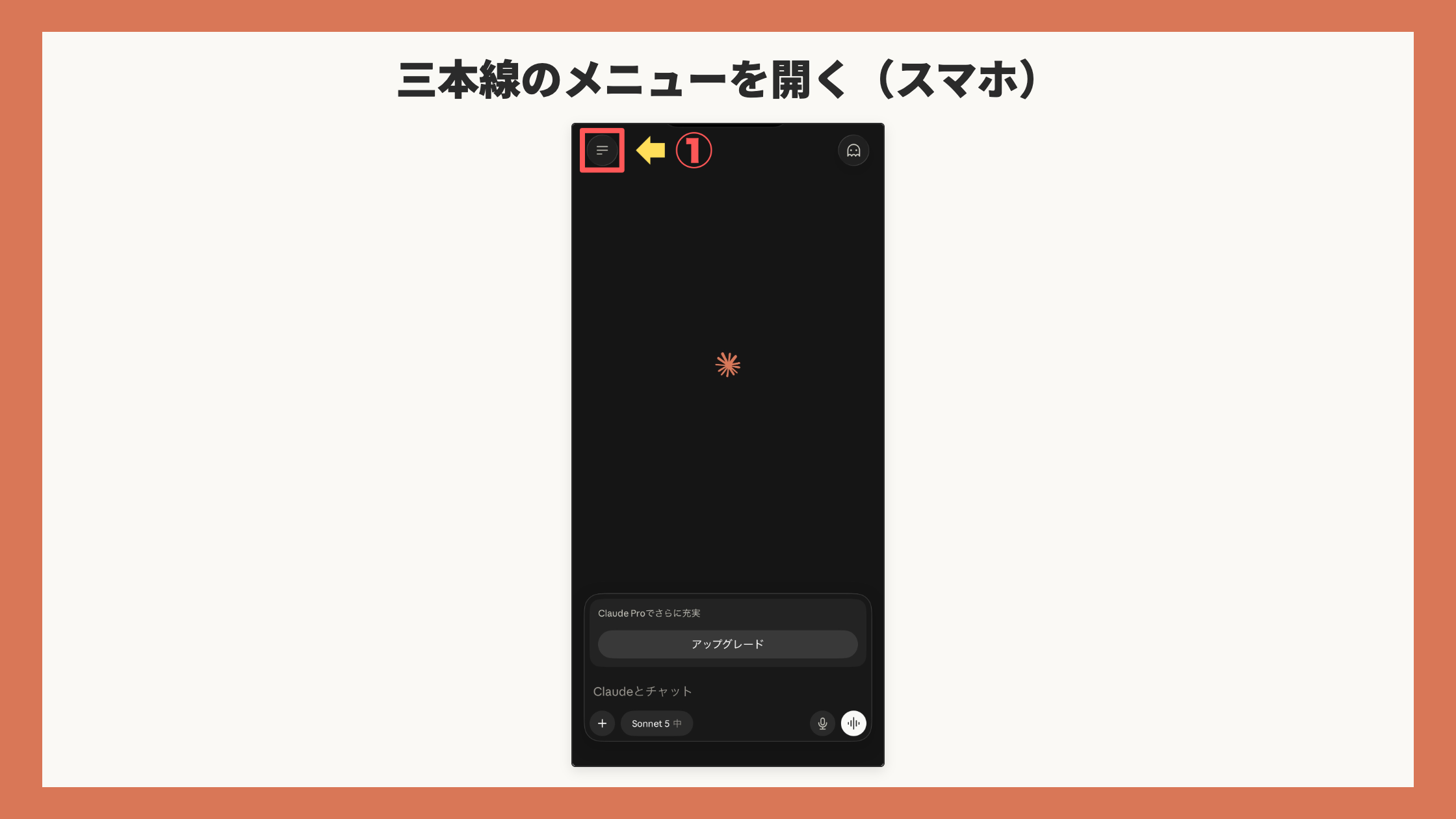 スマホのホーム画面。左上の三本線のボタンを赤枠+矢印+①(あいさつ文の氏名は塗りつぶし)
