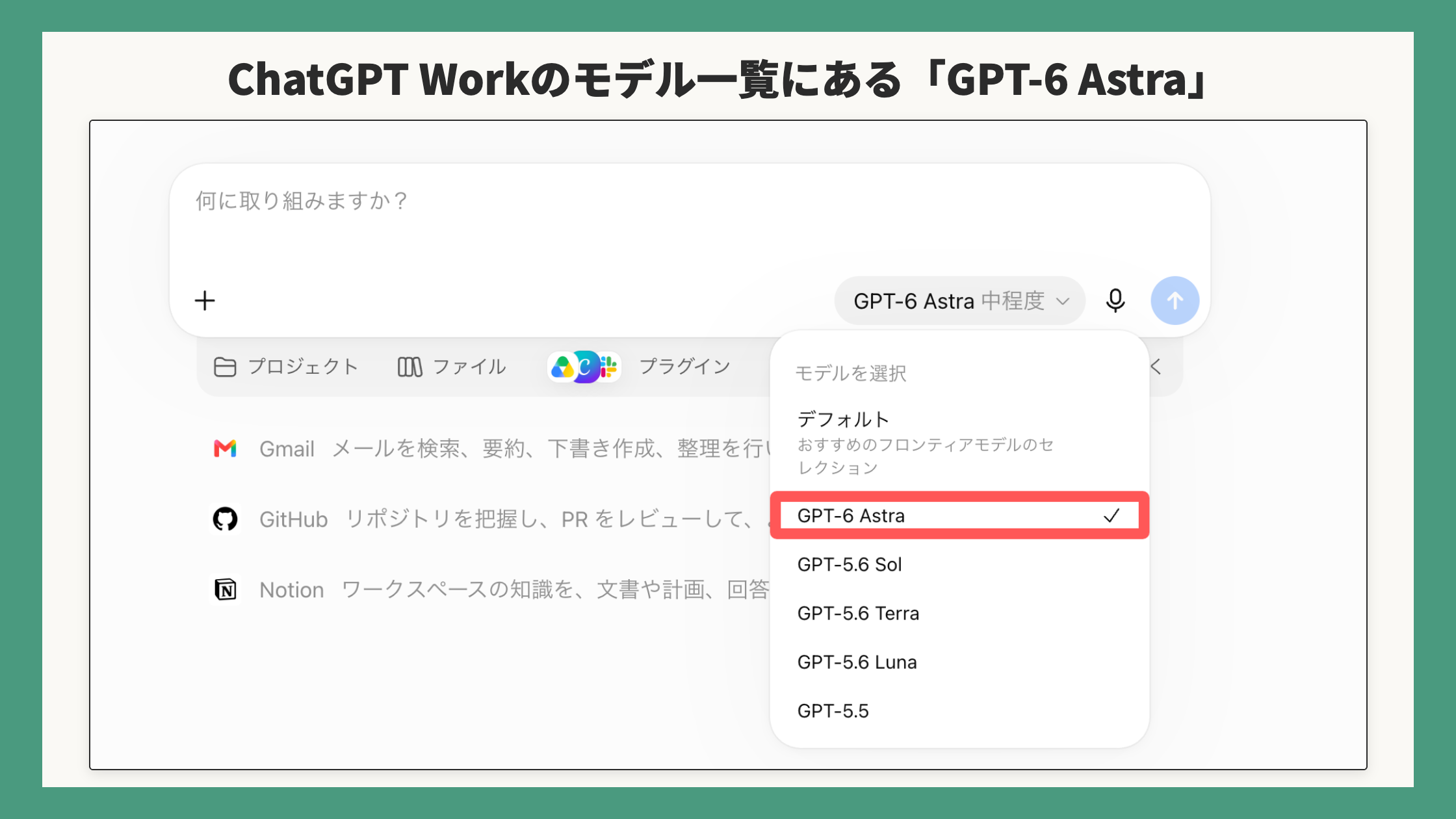 ChatGPT Workのモデル一覧にある「GPT-6 Astra」